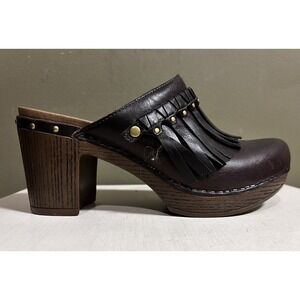 Dansko Deni Fringe Slip On Mule Clogs Brown Leather Heel Women's Sz 38 US 7.5/8